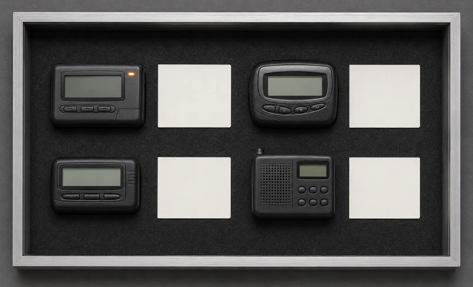 Four unbranded vintage pocket receivers arranged in a museum tray with blank specimen cards