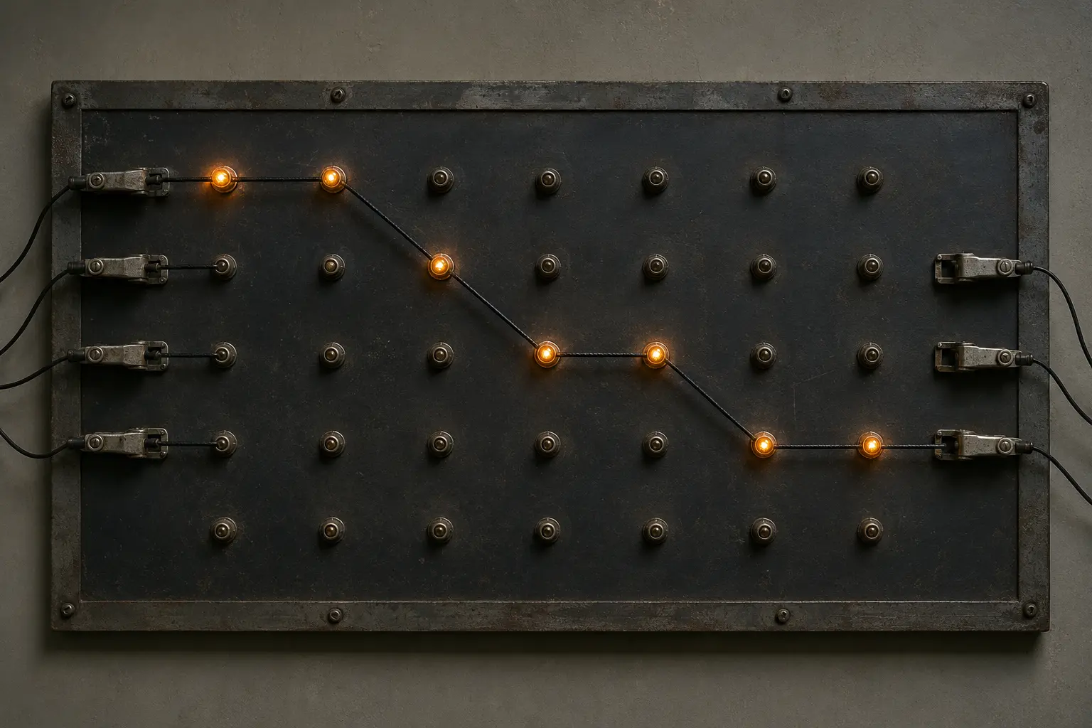 A physical metal relay board carrying an amber signal between receiving clips